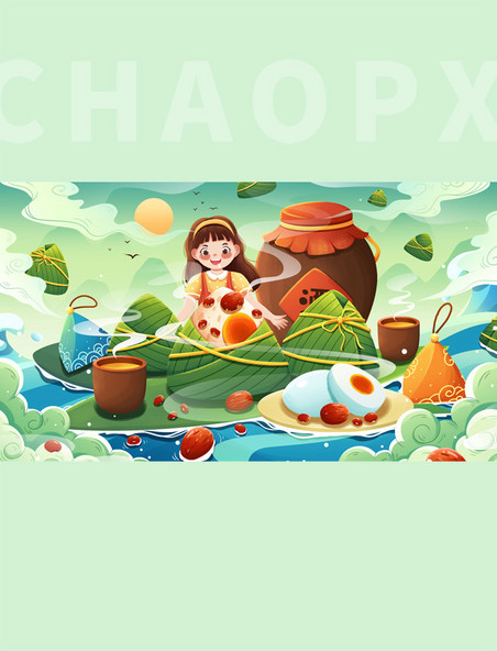 绿色五月初五传统节日端午节美味粽子插画横图