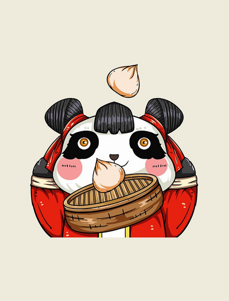 手绘国潮风可爱熊猫吃包子小笼包中国阿包