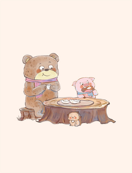 冬至小熊动物吃水饺手绘卡通元素