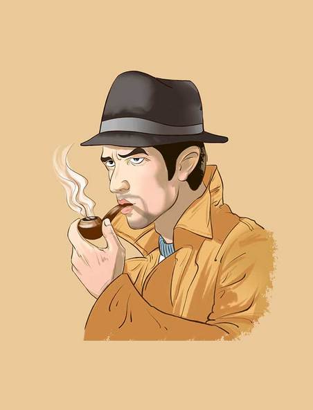 手绘拿烟斗思考侦探