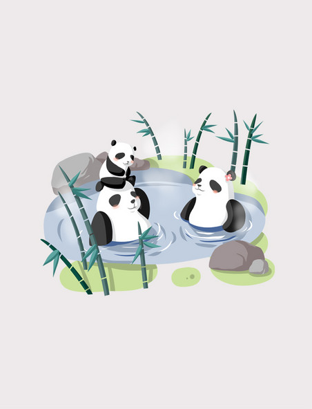 熊猫一家泡温泉元素