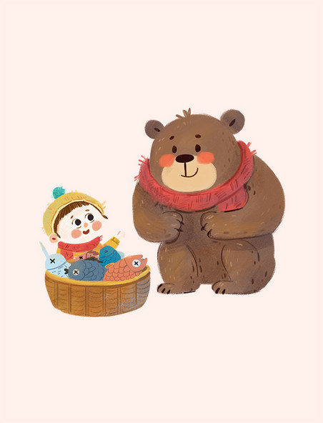 冬季小孩给熊送鱼卡通元素