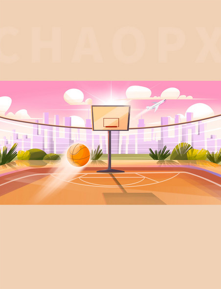 扁平场景篮球场城市风景插画
