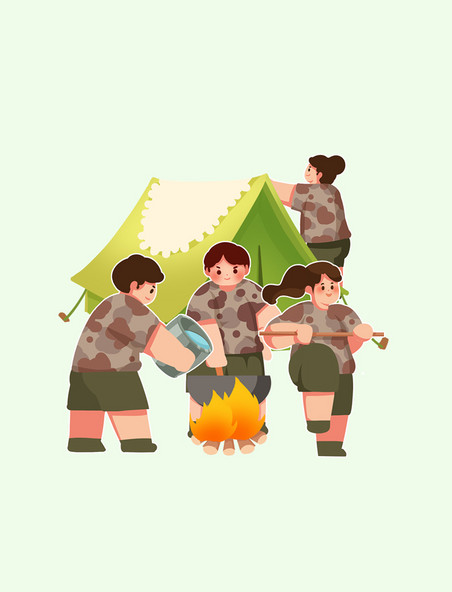 卡通暑假假期军事夏令营烧火做饭