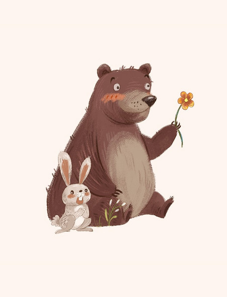 手绘绘本风可爱动物棕熊兔子花朵