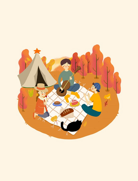 秋日弹奏吉他少年红叶野餐露营手绘插画风郊游场景