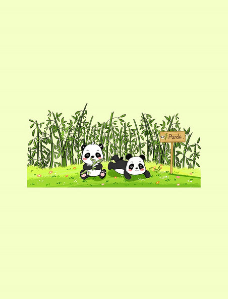 手绘可爱熊猫吃竹子竹林绿色草地场景