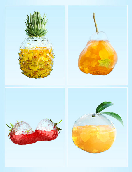 c4d夏日创意玻璃水果3D夏天透明果汁