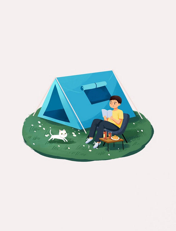 露营野餐野炊户外出游手绘男孩帐篷草地