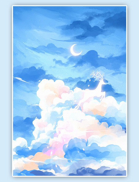 蓝色唯美治愈天空云层上的灵鹿插画