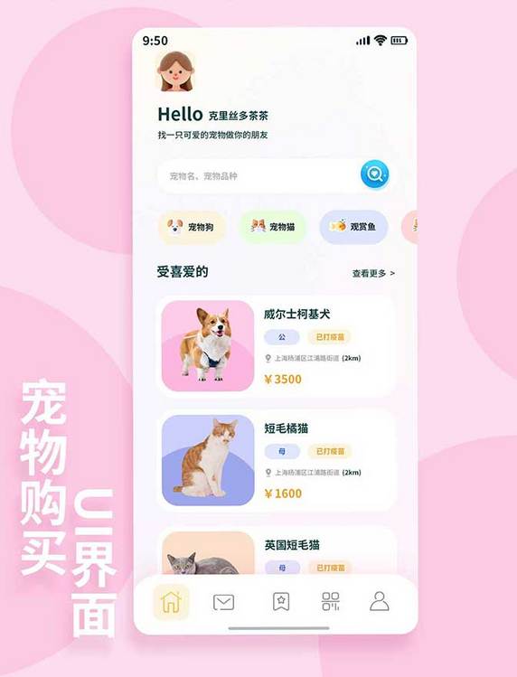 宠物购买APP主界面UI界面设计宠物粉色系