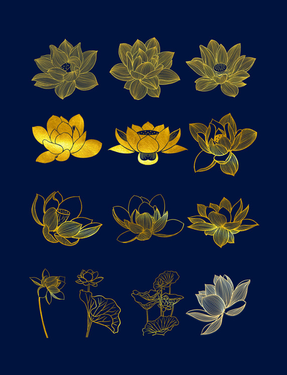 金箔线描金色花朵荷花莲花