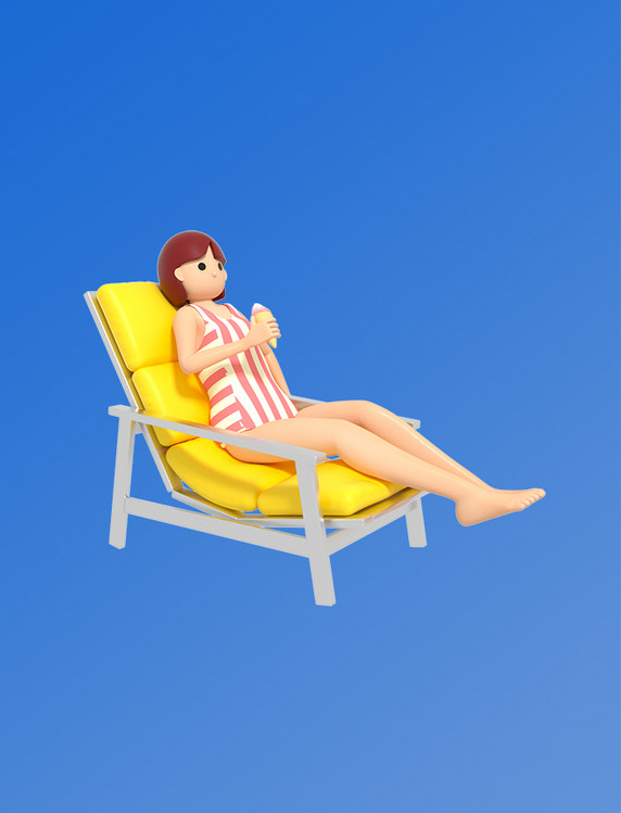3D立体夏天海边沙滩躺椅吃冰淇淋少女