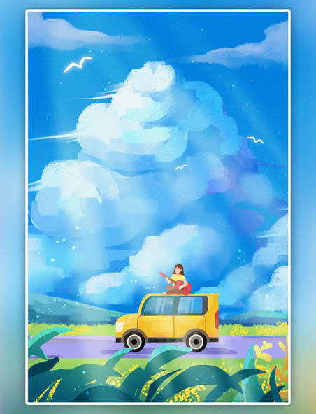 毕业季夏天旅行女孩自驾蓝天白云户外场景竖图
