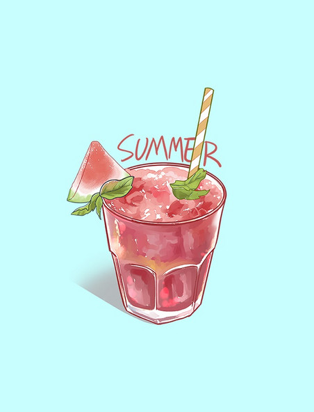 夏天手绘水彩风玻璃杯卡通西瓜汁冷饮清新元素