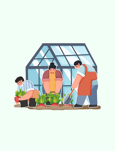 园艺师园丁种植萝卜温室玻璃房插画元素
