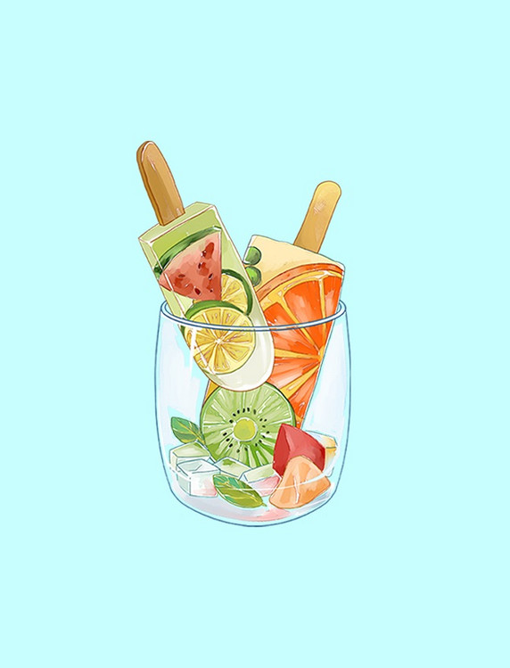 夏日手绘水果冰饮雪糕橙子西瓜小清新冰淇淋杯子元素