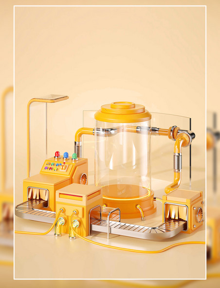 黄色c4d机械流水线工厂加工3D立体场景电商促销双十二双12年货节