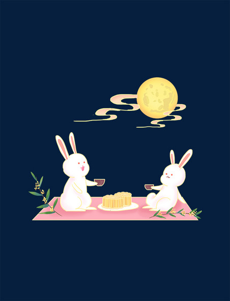 中秋节玉兔赏月吃月饼中国风元素