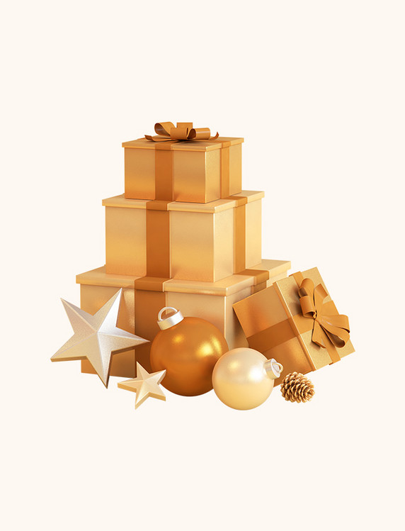 圣诞节金色立体礼盒星星装饰元素