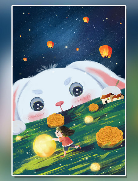 中秋主题之可爱兔子与女孩月亮场景中秋竖图