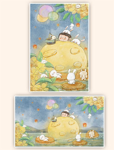 中秋节月亮兔子月饼女孩插画