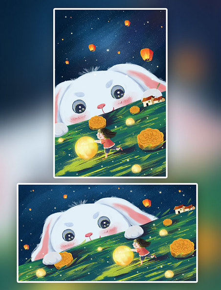 中秋主题之可爱兔子与女孩月亮场景中秋