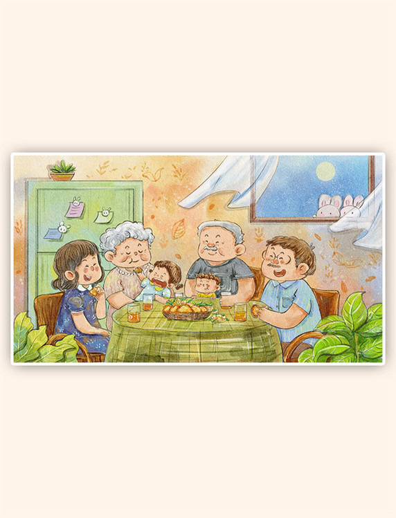 中秋节家人团圆温馨家庭聚餐插画