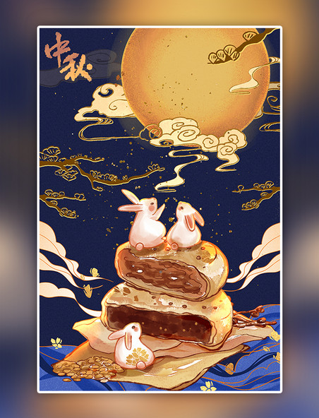 中秋节月饼玉兔插画
