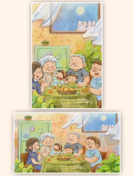 中秋节家人团圆温馨治愈手绘插画