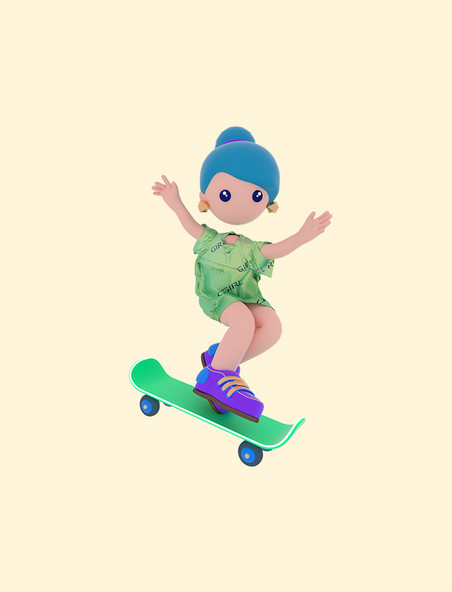 3D立体潮流c4d立体女孩女生人物滑板运动