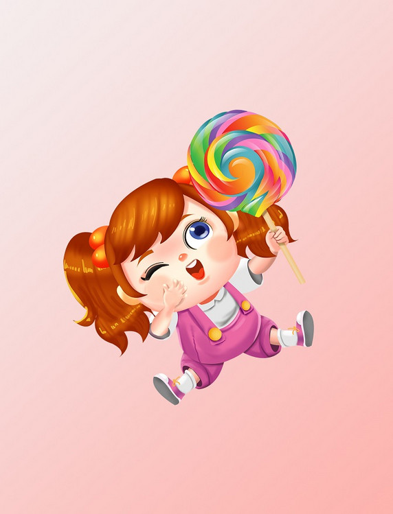 六一儿童节手绘可爱儿童娃娃马尾小女孩棒棒糖元素