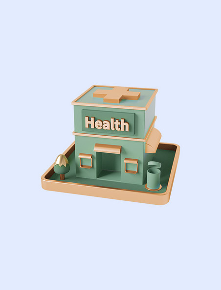 3D立体绿色C4D立体卡通医院建筑城市