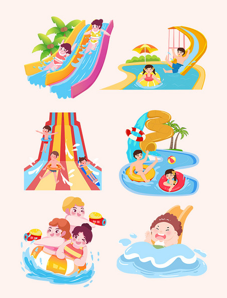 夏季水上乐园亲子娱乐活动卡通插画元素合集