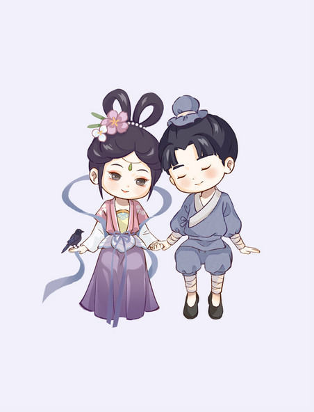 七夕节蓝紫色q版牛郎织女