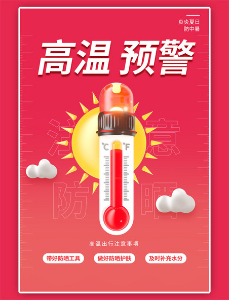 夏季高温预警红色C4D海报