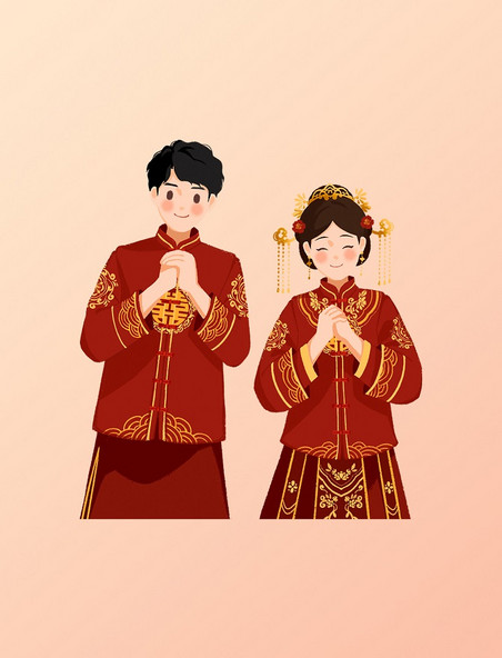 中式婚礼结婚手绘中国风新婚夫妻恭喜拜拜