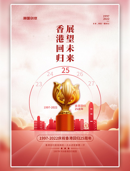 纪念香港回归25周年红金色简约海报