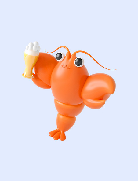 3D立体橙色C4D龙虾喝啤酒