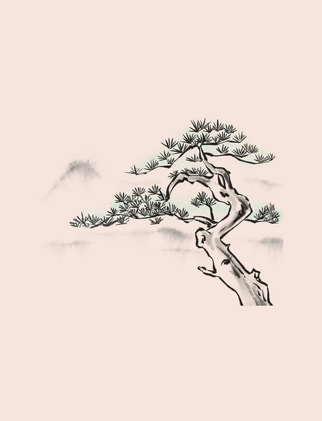 中国风水墨画松树植物远山风景