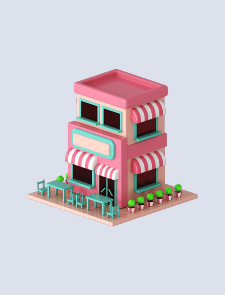 3DC4D立体店铺粉色建筑