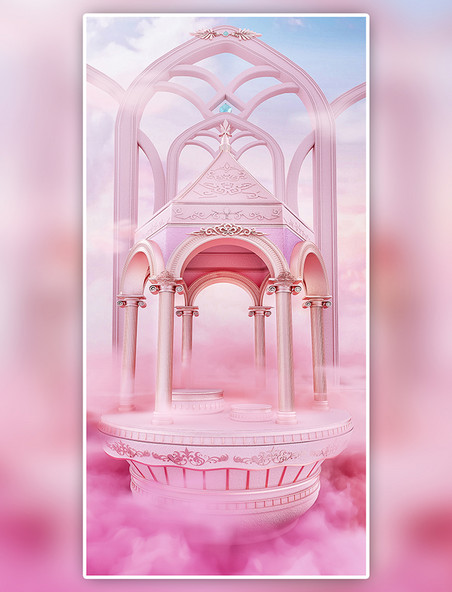 C4D粉红色城堡3D海报女神节七夕节梦幻电商展台