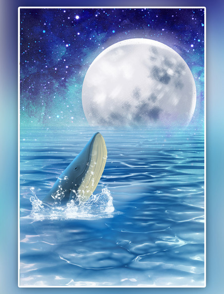 月亮鲸鱼蓝色手绘装饰画
