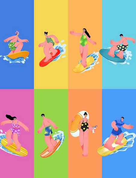 夏季夸张运动人物夏天滑板冲浪水上运动游泳