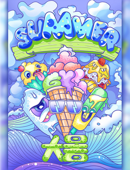 夏天夏季节气大暑潮流涂鸦创意ID冰淇淋雪糕冰激凌