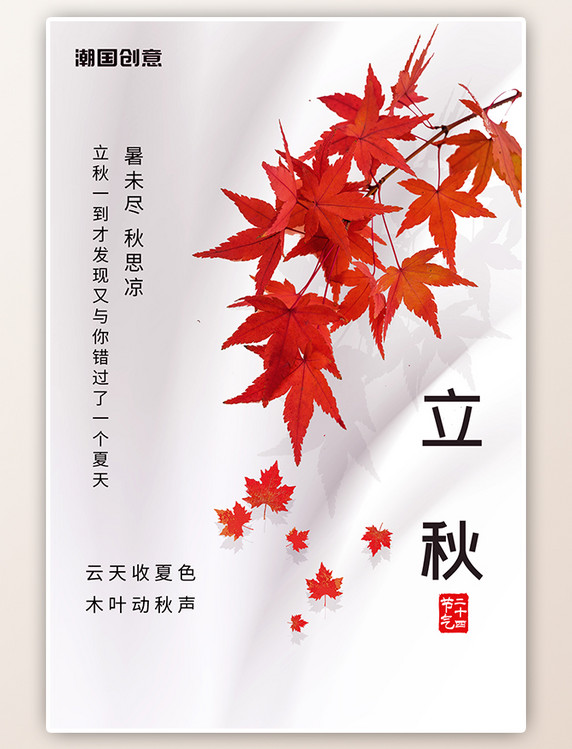 立秋节气枫叶红叶白色简洁海报