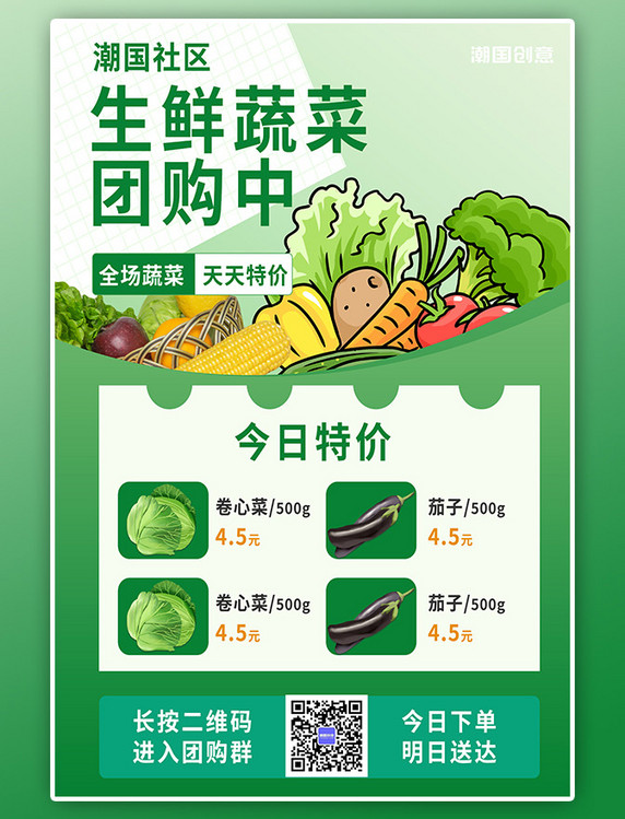 潮国原创生鲜促销蔬菜团购绿色创意海报