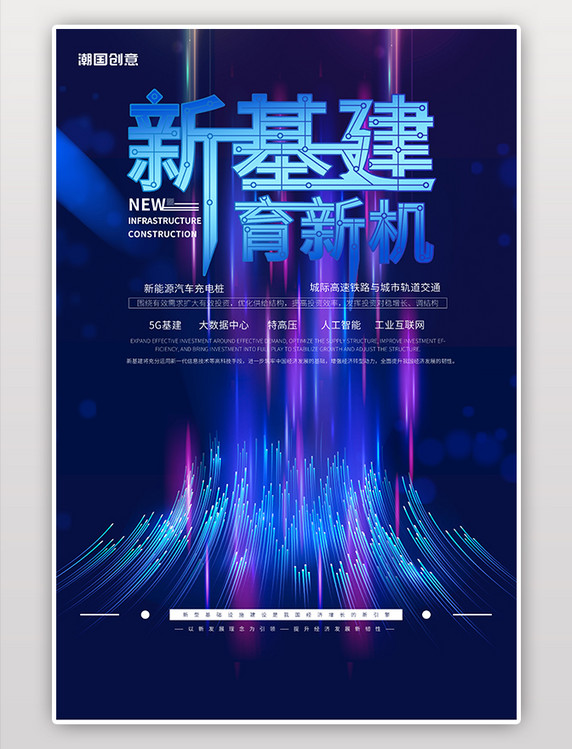 科技流光体蓝紫白色新基建育新机科技商业海报