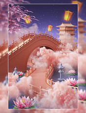 3D中国风七夕c4d立体创意场景鹊桥中国风国潮紫色