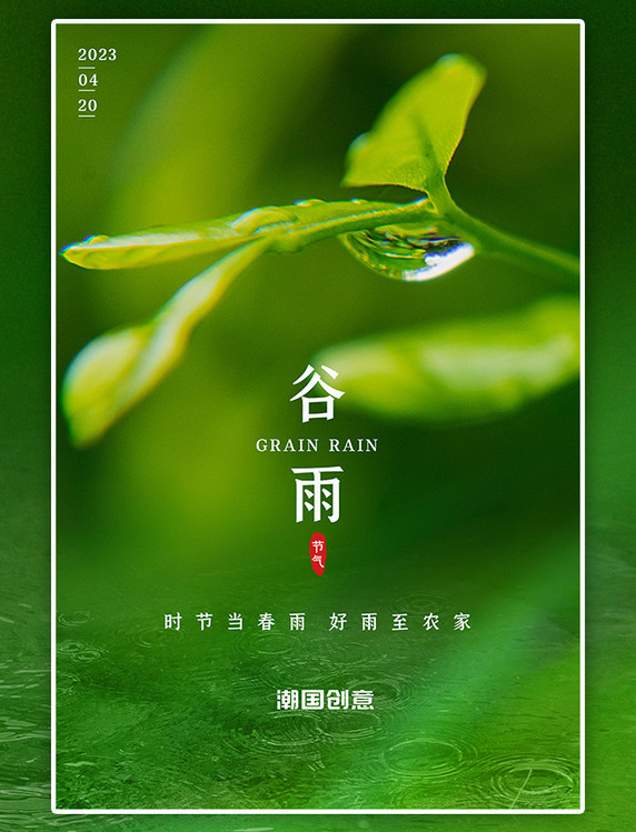 二十四节气谷雨水滴绿色小清新海报